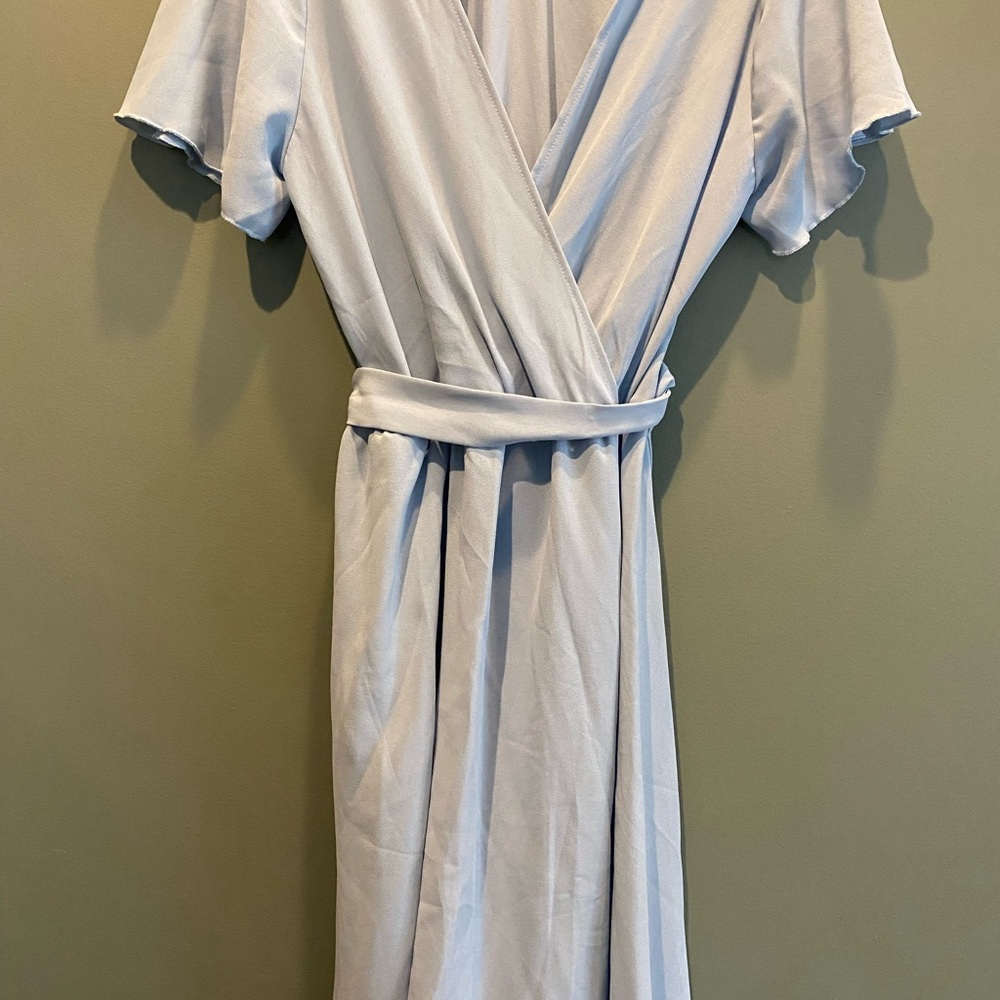 Elegant, Womens Dress.. Flutter Sleeve, Belted, Light Blue- SHEIN Wrap Dress - Picture 3 of 7